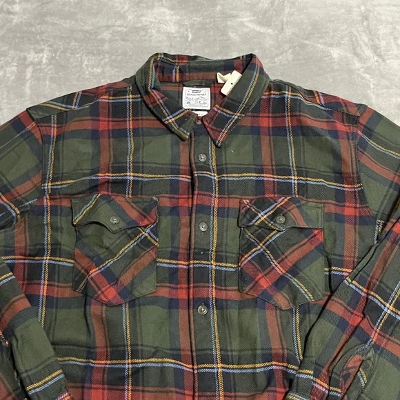 Levis Relaxed Western Shirt Mens XL Green Plaid Flannel Button Up Long Sleeve